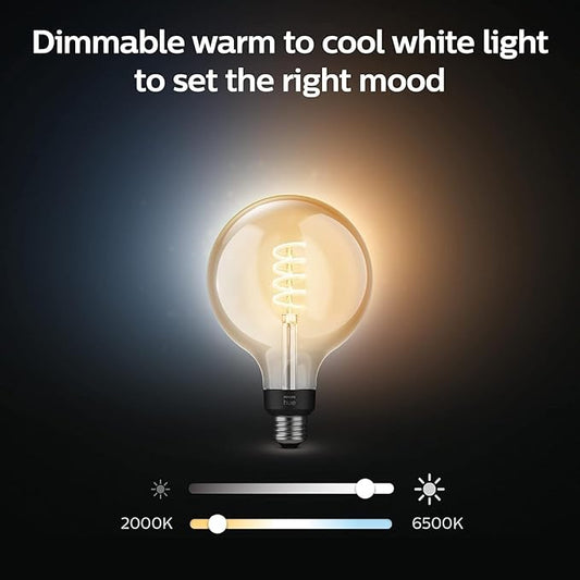 Philips Hue Smart 60W G40 Filament LED Bulb - White Ambiance Warm-to-Cool White Light - 2 Pack - 550LM - E26 - Indoor - Control with Hue App - Works with Alexa, Google Assistant and Apple Homekit