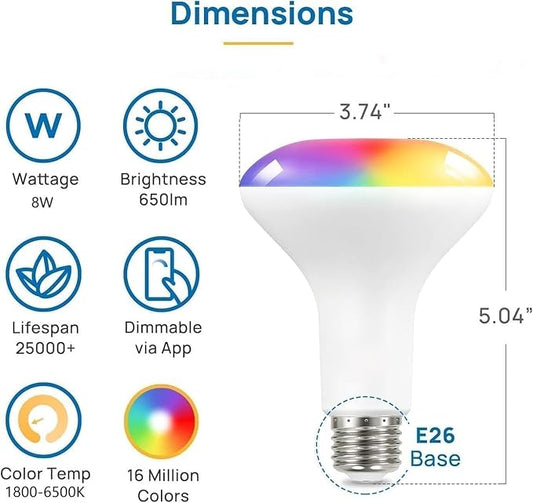 OREiN Matter BR30 Smart Light Bulbs Compatible with Alexa, Apple Home, Google Home, SmartThings, 60W Smart Bulbs 2.4Ghz WiFi only, 650 Lumens RGBTW Color Changing Led Light Bulbs, 4 Pack