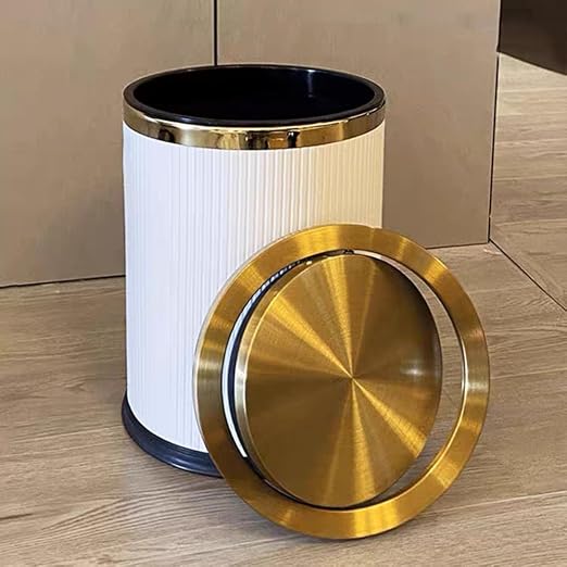 4 Gallon Bathroom Trash Can with Swing Lid, Large Gold White Garbage Can, Fancy, Big Leather Waste Basket, for Girls Bedroom Kitchen Powder Room (15L White)