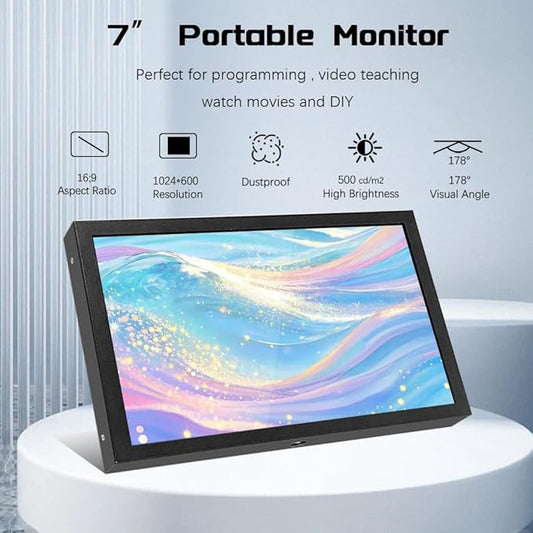 7 Inch Mini Monitor HDMI, Portable Vga Monitor with AV BNC 1024×600 LCD Screen with Built-in Speakers,IPS Multi-Function Small Display for Raspberry Pi PC/TV/DVD/CVBS