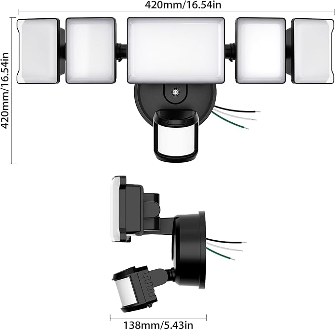 Olafus 18000LM Ultra Bright Motion Sensor Outdoor Lights, 5 Heads Flood Light, IP65 Waterproof LED Security Light, 6500K Dusk to Dawn Outdoor Lighting for Large Outdoor Areas Garage, Backyard, Black