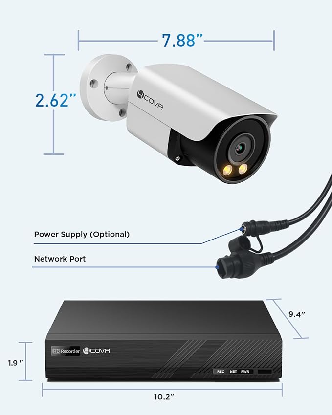 4COVR 4K PoE Security Camera System 8CH, 2-Way Audio & Smart Color Night Vision, 8X 8MP PoE IP Bullet Cameras, AI Human/Vehicle Detection, IP67 Weatherproof, 2TB NVR, 24/7 Recording, LY37YX8M0808-1