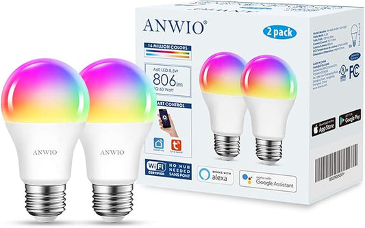 ANWIO Smart Light Bulbs 8.5W (60W Replacement) A19 E26 LED Bulb Work with Alexa, Google Assistant, Smart Life App, Tuya App, Color Changing Light Bulb,806LM,2.4Ghz only,No Hub Required(2-Pack)