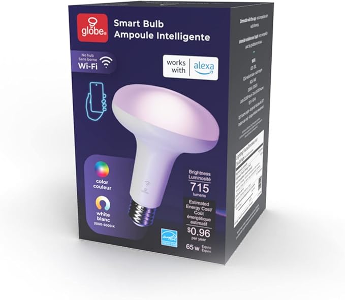 Globe Electric 50594 Works with Alexa Only Wi-Fi Smart Multicolor Changing RGB Tunable White Frosted LED Light Bulb, Voice Activated, 2000K - 5000K, BR30 Shape, E26 Base, 8.5W, Energy Star