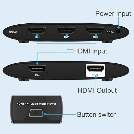 Quad Multi HDMI Viewer 4 in 1 Out HDMI Switcher 4 Ports Seamless Switcher Support 1080P for PS4/PC/DVD/Security Camera, Switch Output 2 Modes