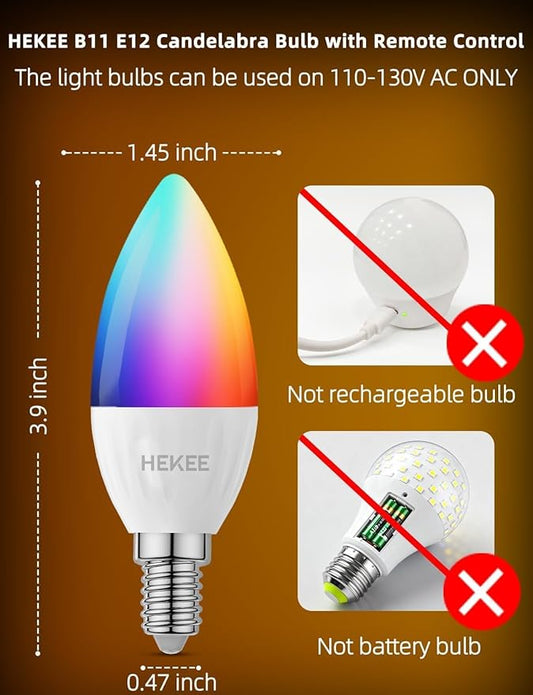 HEKEE E12 Candelabra Light Bulbs, Color Changing Bulb with Remote, Plug-in Only, E12 Base, 12 RGB+2700K Warm White, 40W Equiv (5W), 450LM, Timer, 2 Modes, for Chandelier/Ceiling Fan, 12 Pack