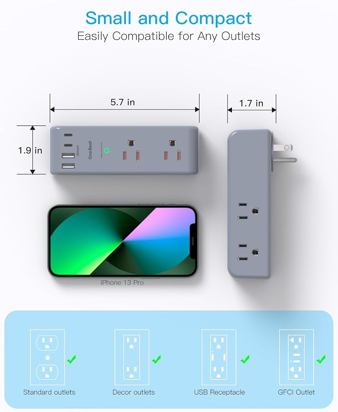 Surge Protector Outlet Extender, Multi Plug Wall Outlet, Rotating Plug,Grey