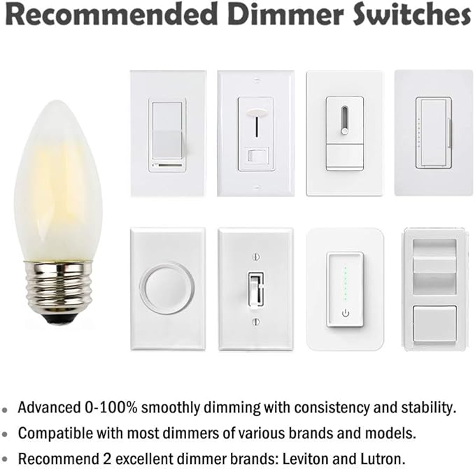 C35 6W LED Candelabra Bulb, 4000K Neutral White Daylight, 60W Incandescent Equivalent, E26 Medium Base, Dimmable, Frosted Glass Torpedo Tip, 3-Pack