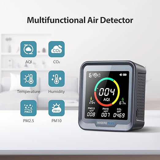 INKBIRDPLUS NDIR Indoor Air Quality Monitor with Battery Powered, Detector for Co2, Pm2.5, Pm10, Aqi, Temperature & Humidity,6-in-1 Air Quality Detector Meter for Home, Grow Tent Etc.
