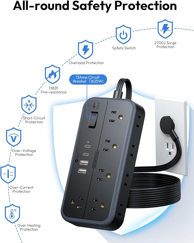 NTONPOWER Power Strip 15 Ft Cord, 10 Widely Spaced Outlets, 4 USB Port(2 USB C Port), Ultra Thin Flat Plug Extension Cord 15 Feet for Home Office Garage, Black