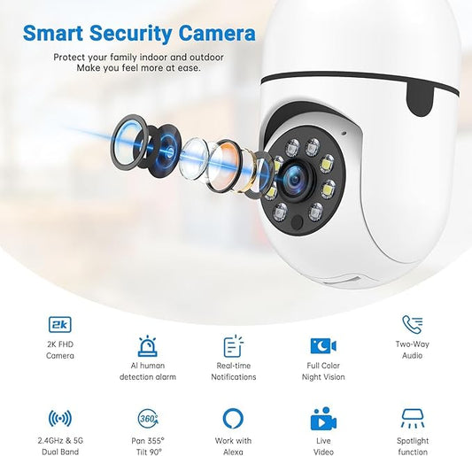 Chpuss Light Bulb Security Camera, 5G& 2.4GHz WiFi Security Cameras Wireless Outdoor for Home Security, 2-Way Audio Color Night Vision, 2-in-1 Lightbulb Socket Camera Motion Detection Siren Alarm