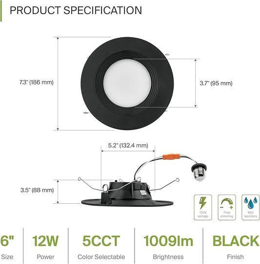 ASD 6 Pack Black Retrofit LED Recessed Lighting 6 Inch - 12W 2700K-5000K 1009LM Can Lights for Ceiling 6 Inch, Dimmable Black Recessed Lights, Baffle Trim Wet Rated Wafer Lights, UL