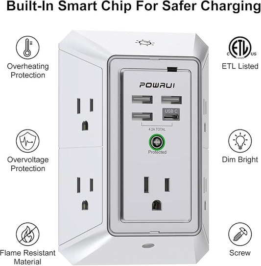 3-Sided Outlet Extender with Night Light - POWRUI Multi Plug Outlet with 5 Outlets and 4 USB Ports(1 USB-C), USB Wall Charger for Home, Office, Travel, ETL Listed, White