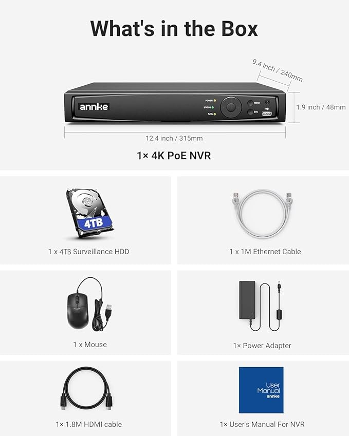 ANNKE 16 Channel NVR for Security Camera, 5-in-1 16CH 12MP Network Video Recorder with 4TB Hard Drive Disk, Supports 12MP/8MP/6MP/5MP/4MP PoE IP Cameras, 24/7 Surveillance Recording