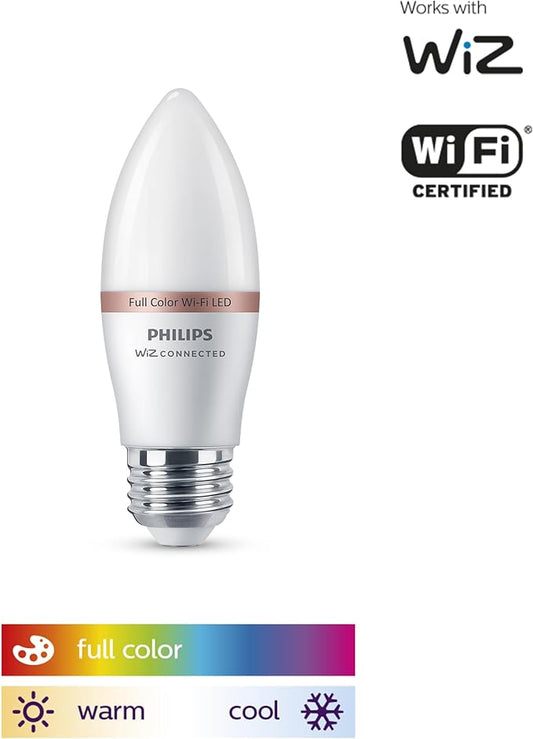 Philips Smart 40W B12 Candle-Shape 4-Pack, E12 Base, Full Color, Dimmable, Indoor, Connect to Wi-Fi, Control Voice or App - Powered by WiZ Connected