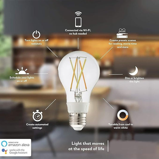 Diodesy- A19 LED Smart WiFi Light Bulbs Works with Alexa and Google Home No Hub Required Tunable Clear White Color 2200K-6500K 5.5W (40W Equivalent) 600 Lumens E26 Medium Base Wet Rated Pack of 4