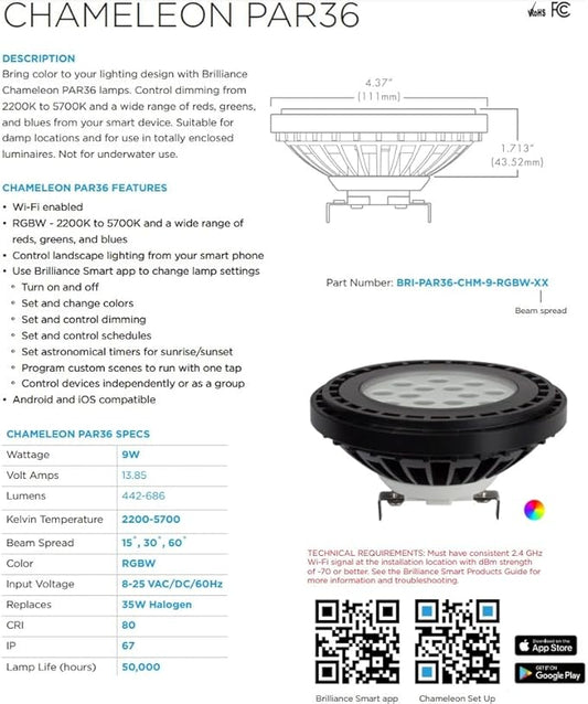 Brilliance BRI-PAR36-CHM-9-RGBW-30 Chameleon Color Changing PAR-36 9W LED Bulb 2200-5700K 30° with WiFi BRIPAR36CHM9GRBW30