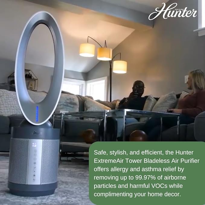 Hunter ExtremeAir Tower Bladeless Air Purifier. 2-in-1 Air Purifiers for Home & Bladeless Fan Combo. Bedroom Air Purifier Cooling Fan. Oscillating, 9 Speeds, Touch Control. Taupe.