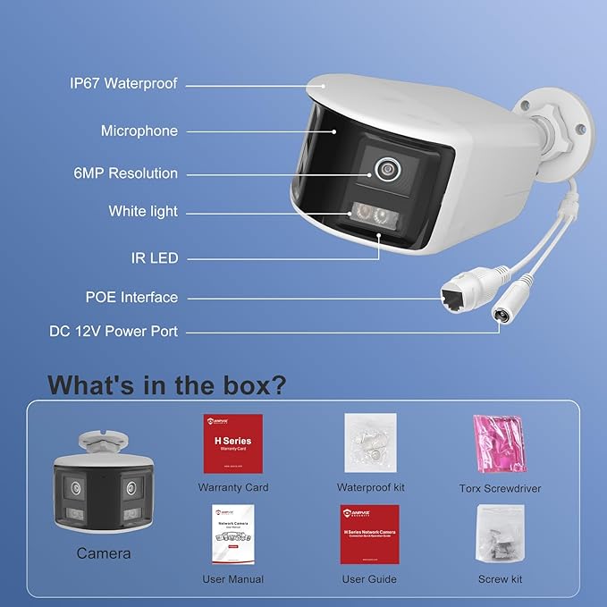 Anpviz 180° 6MP Dual Lens Security Camera, 180 Degree Panoramic View Bullet Wired POE IP Camera, Active Deterrence Red & Blue Strobe Flash Light and Audio Alarm, Color Night Vision MD2.0 (H Series)