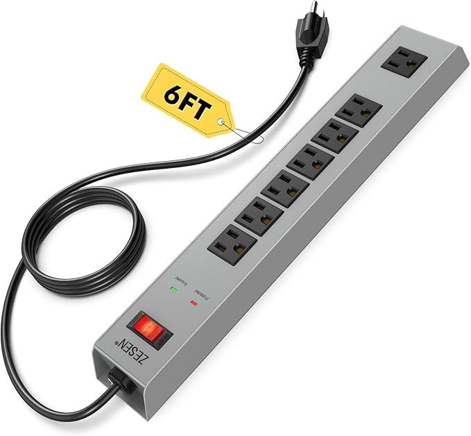 ZESEN 7 Outlet Metal Long Power Strip with Overload Protection & 1500J Surge Protection, 6ft Cord Wall Mounted Industrial Power Strip for Office Workshop Garage, ETL Listed(15A/1875W), Grey