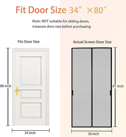 FEGO Magnetic Screen Door Fit Door Size:34"x80", Screen Itself Size 36"x81", Enjoy Breeze, Hands Free Entry, Reinforced Fiberglass Mesh Anti-Tearing, Pet & Kid Friendly, Strong Magnets for Patio/Front