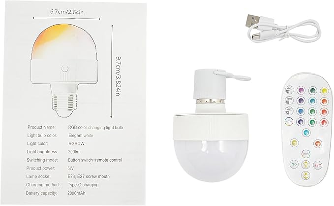 Rechargeable Light Bulb with with Controller and Timer, 3 RGB Colors RGB, Dimmable Battery-Operated Bulb, E26 E27 Universal Screw Mouth, Suitable for Parties Clubs Bars
