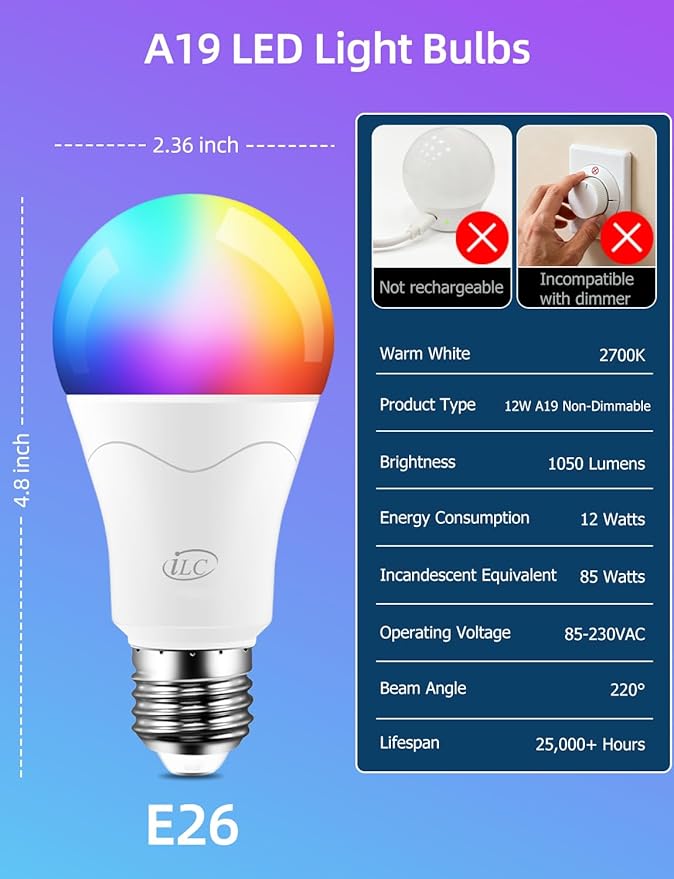 ILC LED Light Bulb 85W Equivalent, Color Changing Light Bulbs 2700K Warm White, Remote Control RGB 6 Modes, Timing, Sync, Dimmable E26 Screw Base (4 Pack)