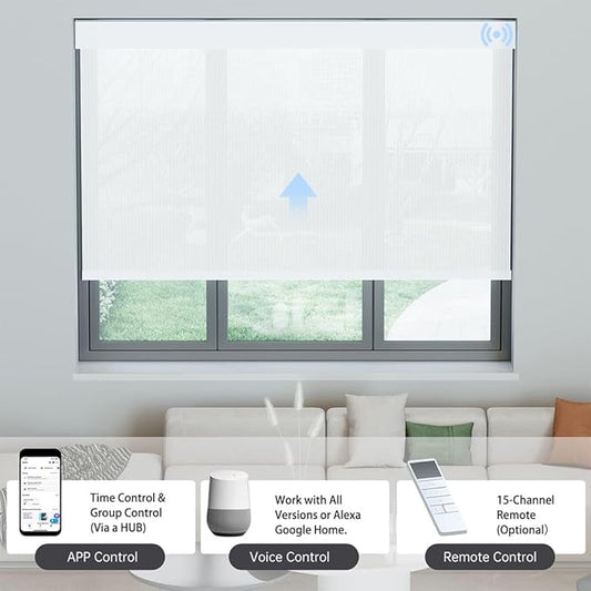 Motorized Solar Shades, Light Filtering Smart Blinds for Windows Automatic Blinds Compatible with Alexa, Falme Resistant Roller Shades Customized for Office Living Room (3% Openness White)