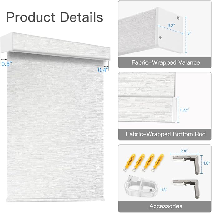 Tokblind Motorized Light Filtering Roller Shade Fabric Covered Valance and Bottom Rod, Remote Control Electric Window Blind Compatible with Alexa via Hub, Custom Size (Texture White - Wrapped Fabric)
