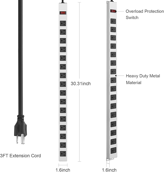 JUNNUJ Metal 16 Outlet Power Strip, Mountable Heavy Duty Power Strip, 1200J Surge Protector Wall Mount Screws Outlet with Switch, Gaming Desk Strips Wide Spaced 15A 125V 1875W, 3 FT 14AWG Power Cord