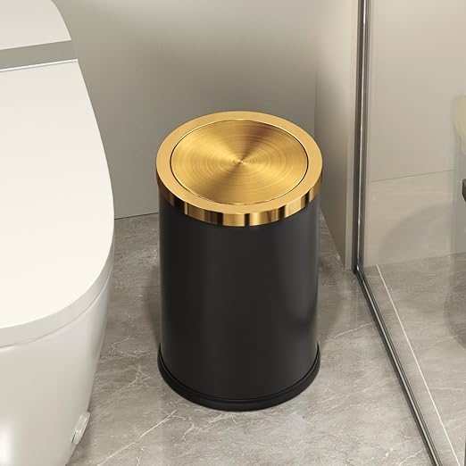 9L/2.4GAL Black and Gold Bathroom Trash Can, Small Trash Can with FILP Lid for Bathroom,Hotel,Office,Lundry,Powder Room (BLACK)