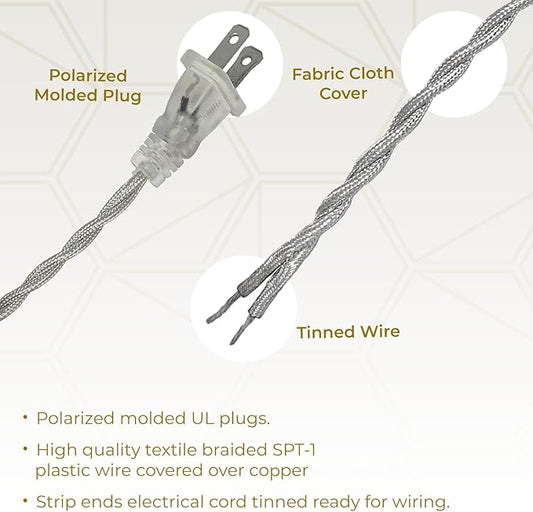 Royal Designs, Inc. 8Ft Twisted Rayon Lamp Cord with NEMA-15P Plug, Rotary Dimmer Switch, Stripped Ends Ready for Wiring, SPT-1 UL Listed, Silver - Pack of 2