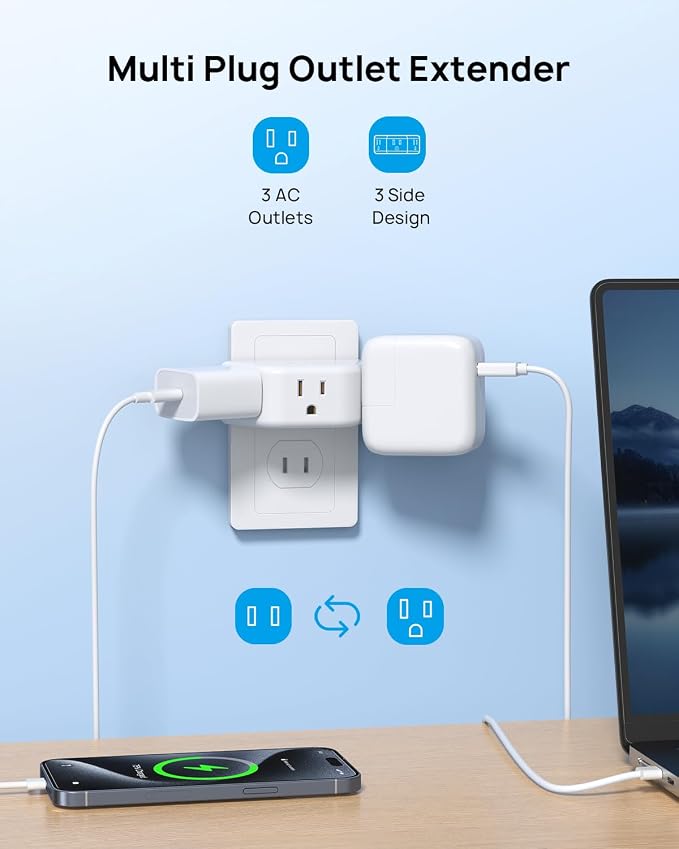 TROND 2 Prong to 3 Prong Outlet Adapter for Old House | 3-Way Angled Plug Extender with 3 AC Sockets, Plug Splitter for Non-Grounded Socket in Home Hotel, Cruise Essentials, White