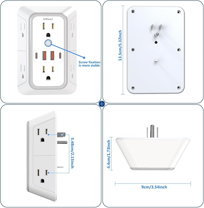JcBlaon Outlet Extender Surge Protecto, 6 Outlet Extender with 4 USB Ports, 3 Sided 1050J Power Strip, Multiple Plug Expander Wall Charger for Home Office Travel-ETL