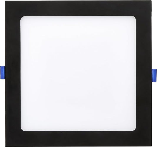 Maxxima 8 in. 5 CCT Square Recessed LED Downlight, 1400 Lumens, Slim Flat Panel Color Selectable (2700K/3000K/3500K/4000K/5000K), Dimmable, Canless IC Rated, Black Trim, J-Box Included