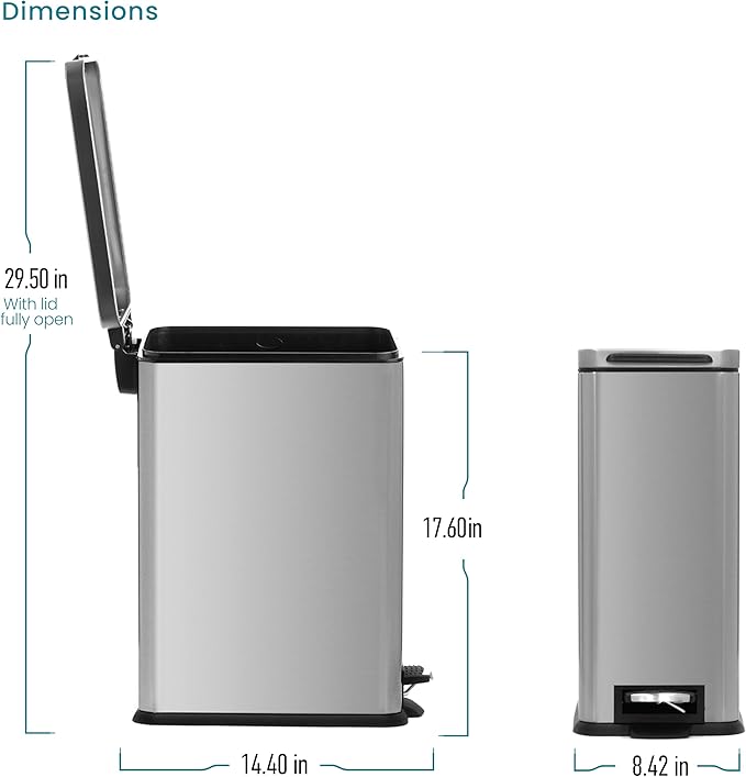 Home Zone Living 4 Gallon Slim Kitchen Trash Can with Soft Close Lid and Step Pedal, Stainless Steel Wastebasket with Removable Liner, Silver