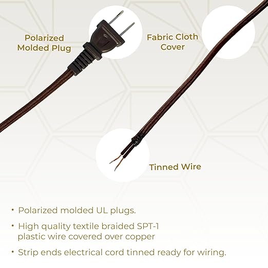 Royal Designs, Inc. Lamp Cord Molded Plug with Dimmer Switch, Stripped Ends Ready for Wiring, 8 ft long, Brown, SPT-1 UL Listed, Set of 2 (CO-5001D-BR-8-2)