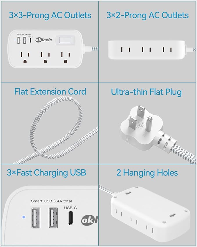 Short Extension Cord 5 ft - Flat Plug Small Power Strip Surge Protetor with 6 Outlets 3 USB (5V/3.4A 17W) Charging Ports, Multi Plug Wall Outlet Splitter for Home Office Dorm Roomc, White