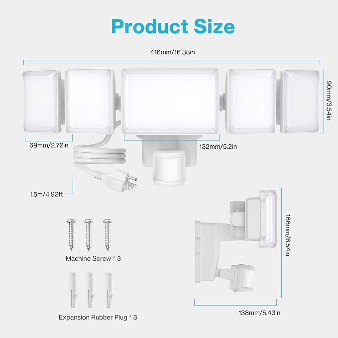 Olafus 180W Motion Sensor Outdoor Light Plug in, 18000LM Motion Flood Light Dusk to Dawn, IP65 Waterproof Exterior LED Security Lights, 5 Heads Motion Detector Yard Lights for Garage Backyard - White