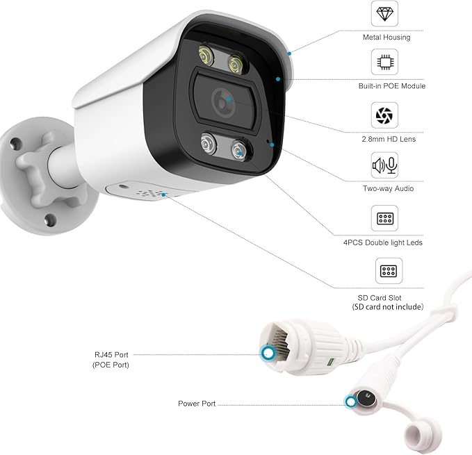 8MP 4K POE Security Camera Outdoor, IP67 Waterproof, Human Vehicle Detection IP Camera, Color Night Vision, Two-Way Audio,2.8mm Wide Angle, Remote Access