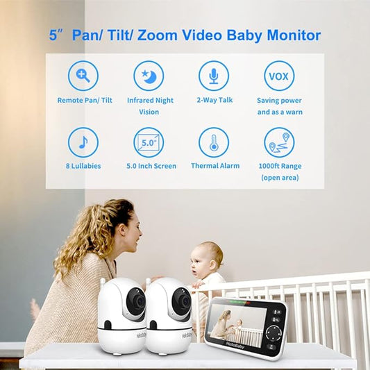 HelloBaby 5’’ Baby Monitor with 26-Hour Battery, 2 Cameras Pan-Tilt-Zoom, 1000ft Range Video Audio Baby Monitor No WiFi, VOX, Night Vision, 2-Way Talk, 8 Languages and Baby Registry Search