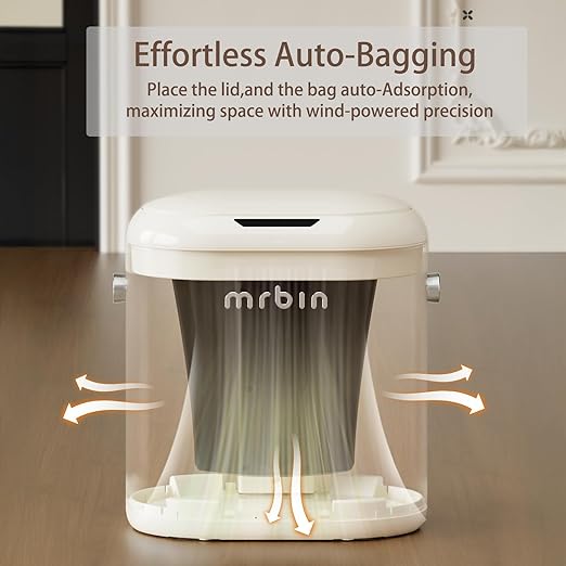 MRBIN Automatic Adsorption Metal Trash Can for Bathroom, Touchless Garbage Bin with Lid, 3.2 Gallon Slim Trash Can for Office and Bedroom, Electric Motion Sensor Waste Basket, Cream White