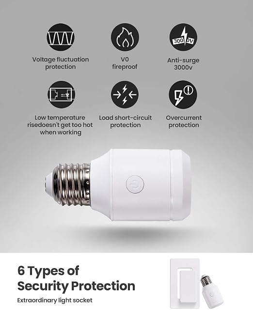 Zoiinet 500W Remote Control Light Bulb Socket, Wireless Light Switch for Pull Chain Lighting Fixture, E26 E27 Bulbs Base Holder, Programmable, No Wiring Needed, for Bedroom, Stair, Closet & Garage | 300ft, for Pull Chain Light Fixture, E26 E27 Bulbs Ba...
