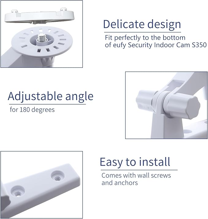 Wall Mount Compatible with eufy Security 4K Indoor Cam S350 eufy Security E21/E20, 2 Pack Adjustable Bracket Mount Ceiling Mount 180 Degree Rotation Baby Monitor Mount Easy to Install, White