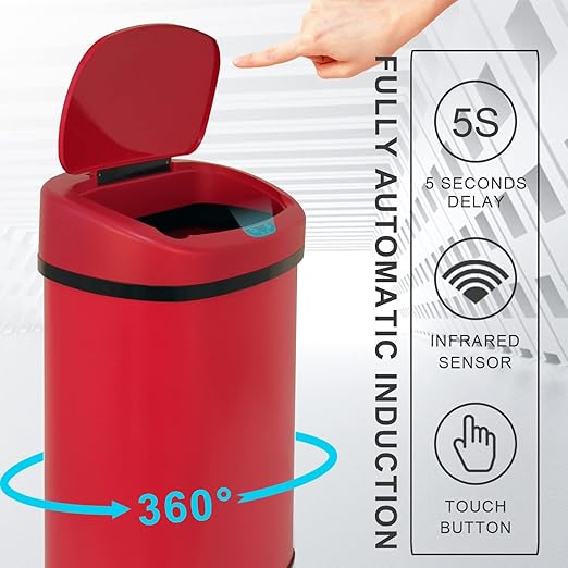 HCY Kitchen Trash Can 13 Gallon Automatic Metal Garbage Can Stainless Steel Waste Bin with Lid Smart for Kitchen,Office,Living Room,Bathroom(Red)