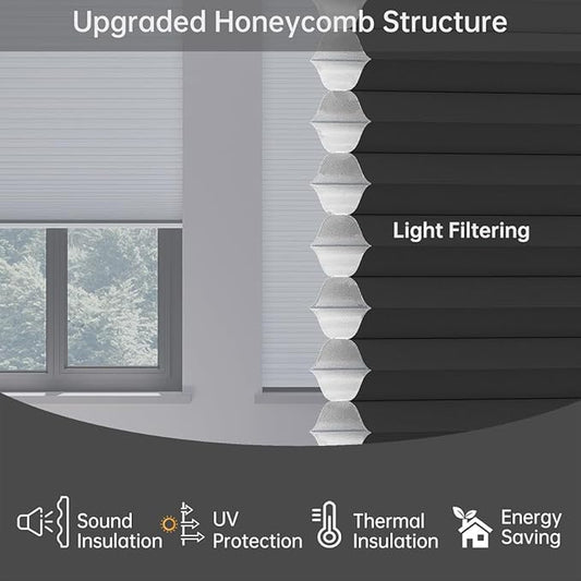 Cellular Shades Light Filtering Honeycomb Blinds for Indoor Windows, Cordless Cellular Shades 1.5 inch Cell Pleated for Bedroom Home Office, Custom Size, Half Shading Black
