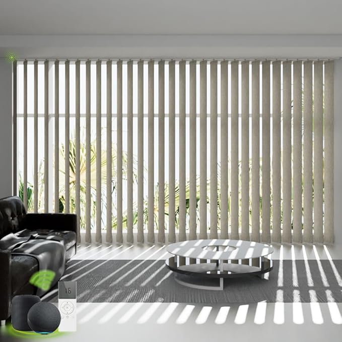 Motorized Vertical Blind Remote Control Sliding Door Blinds Privacy Reversible Smart Vertical Window Blinds Blackout Blinds for Patio Sliding Glass Door Customize Light Beige