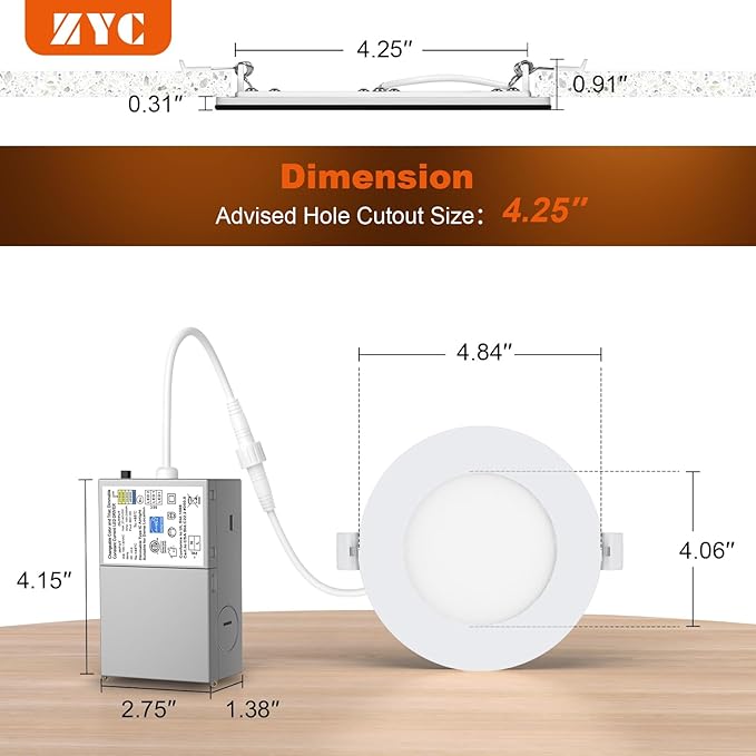 ZYC Canless LED Recessed Lighting 4 Inch 6 Pack 5CCT Ultra-Thin Downlight Lights with Night Light Mode,9W 800LM Dimmable Retrofit Wafer Recessed Ceiling Light,1800K to 6000K