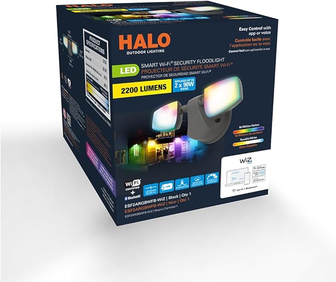 HALO ESF Smart Non-Motion Security Flood Light, Connected by WiZ Pro, 180-Watt Equivalent 2400 Lumens Black - ESF2ARGBWFB-WIZ