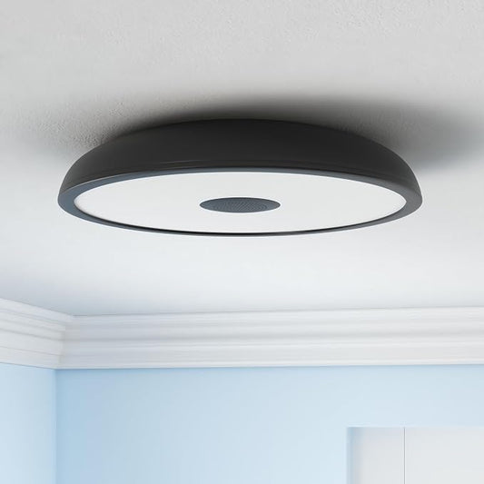 Black Smart Waterproof LED Flush Mount Ceiling Light Fixture,18W,with Bluetooth Speaker,RGB Color Changing Function-Dimmable Lamp,Tuya Application Control-Compatible with Alexa Google Home